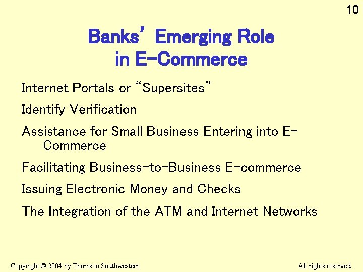 10 Banks’ Emerging Role in E-Commerce Internet Portals or “Supersites” Identify Verification Assistance for
