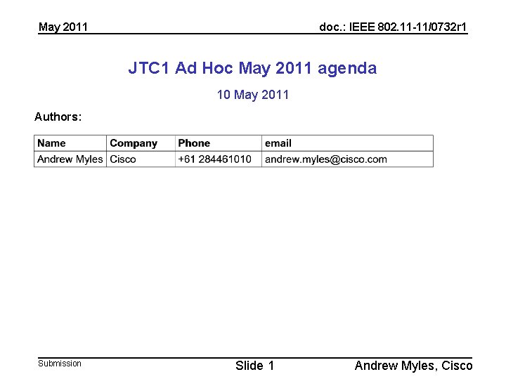 May 2011 doc. : IEEE 802. 11 -11/0732 r 1 JTC 1 Ad Hoc