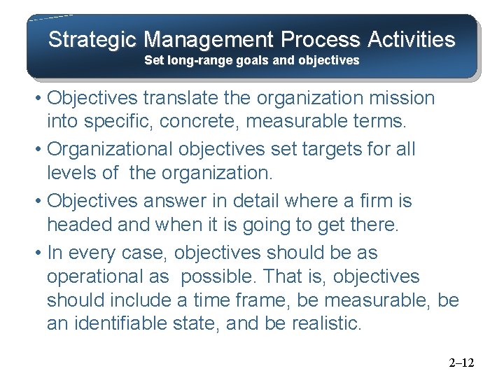Strategic Management Process Activities Set long-range goals and objectives • Objectives translate the organization Strategic Management Process Activities Set long-range goals and objectives • Objectives translate the organization