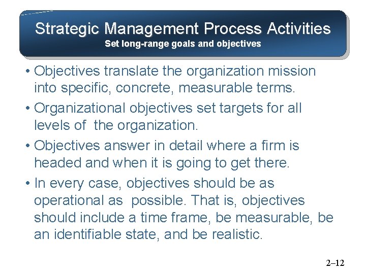 Strategic Management Process Activities Set long-range goals and objectives • Objectives translate the organization