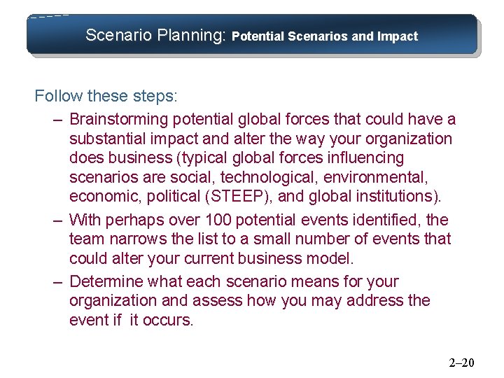Scenario Planning: Potential Scenarios and Impact Follow these steps: – Brainstorming potential global forces Scenario Planning: Potential Scenarios and Impact Follow these steps: – Brainstorming potential global forces