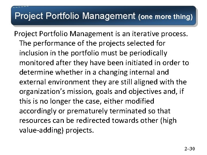 Project Portfolio Management (one more thing) Project Portfolio Management is an iterative process. The Project Portfolio Management (one more thing) Project Portfolio Management is an iterative process. The