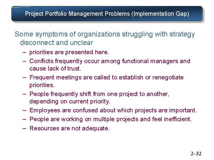Project Portfolio Management Problems (Implementation Gap) Some symptoms of organizations struggling with strategy disconnect Project Portfolio Management Problems (Implementation Gap) Some symptoms of organizations struggling with strategy disconnect