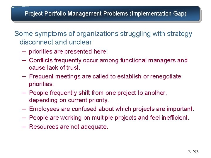 Project Portfolio Management Problems (Implementation Gap) Some symptoms of organizations struggling with strategy disconnect