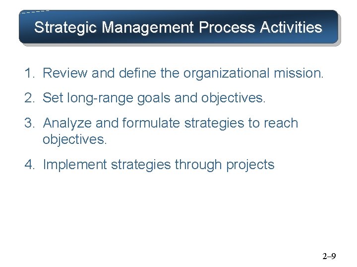 Strategic Management Process Activities 1. Review and define the organizational mission. 2. Set long-range