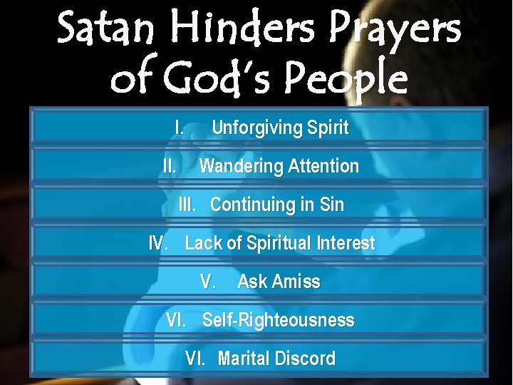 Satan Hinders Prayers of God’s People I. II. Unforgiving Spirit Wandering Attention III. Continuing