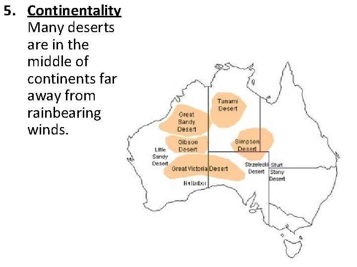 5. Continentality Many deserts are in the middle of continents far away from rainbearing