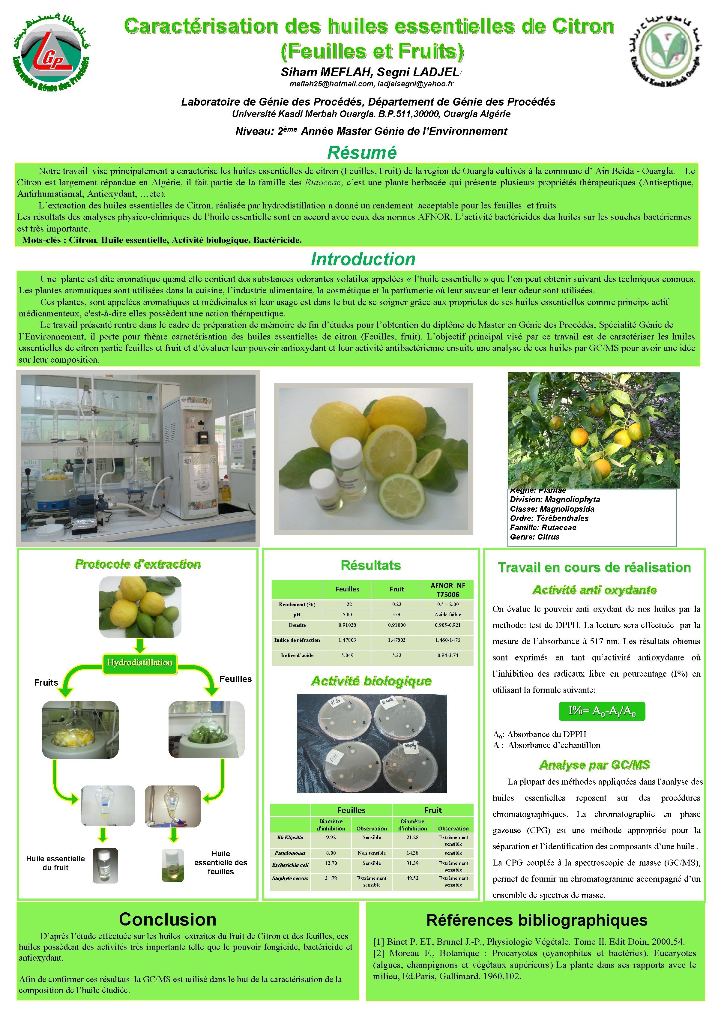 Caractérisation des huiles essentielles de Citron (Feuilles et Fruits) Siham MEFLAH, Segni LADJEL 1