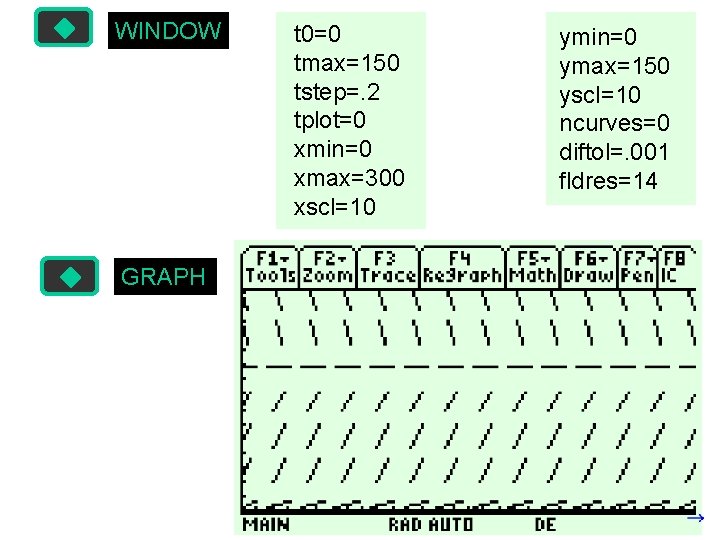 WINDOW GRAPH t 0=0 tmax=150 tstep=. 2 tplot=0 xmin=0 xmax=300 xscl=10 ymin=0 ymax=150 yscl=10