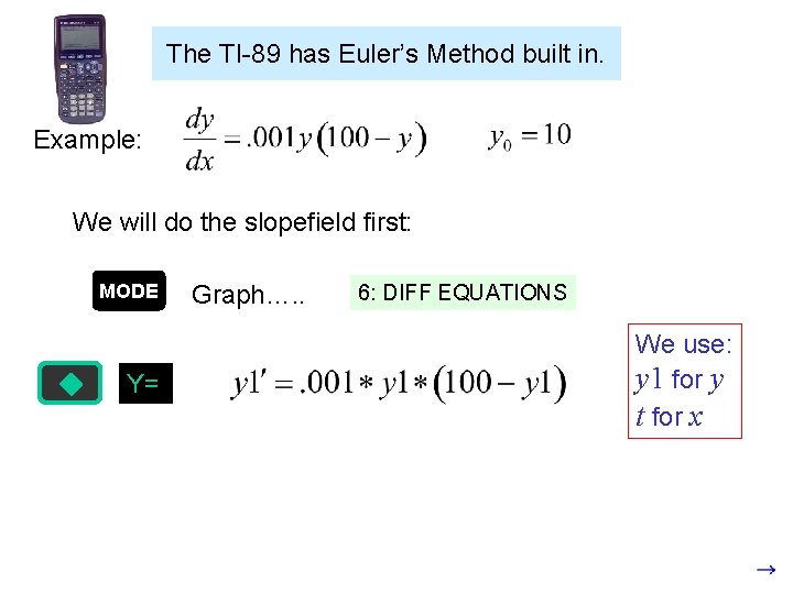 The TI-89 has Euler’s Method built in. Example: We will do the slopefield first: