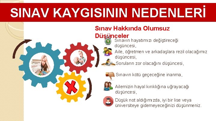 SINAV KAYGISININ NEDENLERİ Sınav Hakkında Olumsuz Düşünceler Sınavın hayatımızı değiştireceği düşüncesi, Aile, öğretmen ve