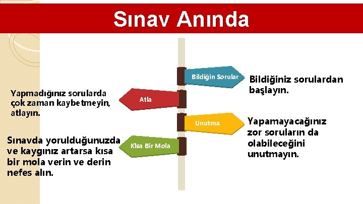 Sınav Anında Bildiğin Sorular Yapmadığınız sorularda çok zaman kaybetmeyin, atlayın. Atla Unutma Sınavda yorulduğunuzda