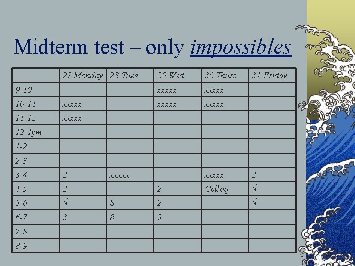 Midterm test – only impossibles 27 Monday 28 Tues 9 -10 10 -11 xxxxx