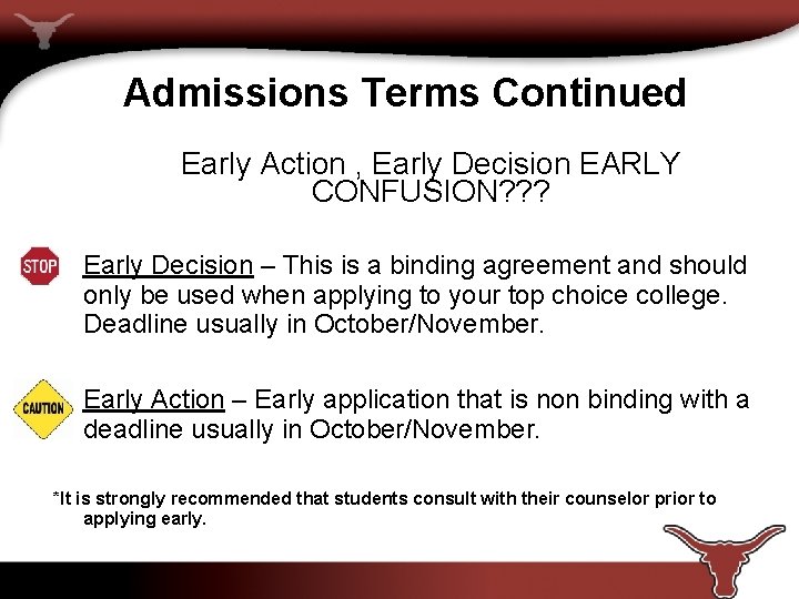 Admissions Terms Continued Early Action , Early Decision EARLY CONFUSION? ? ? Early Decision