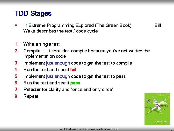 TDD Stages § In Extreme Programming Explored (The Green Book), Wake describes the test