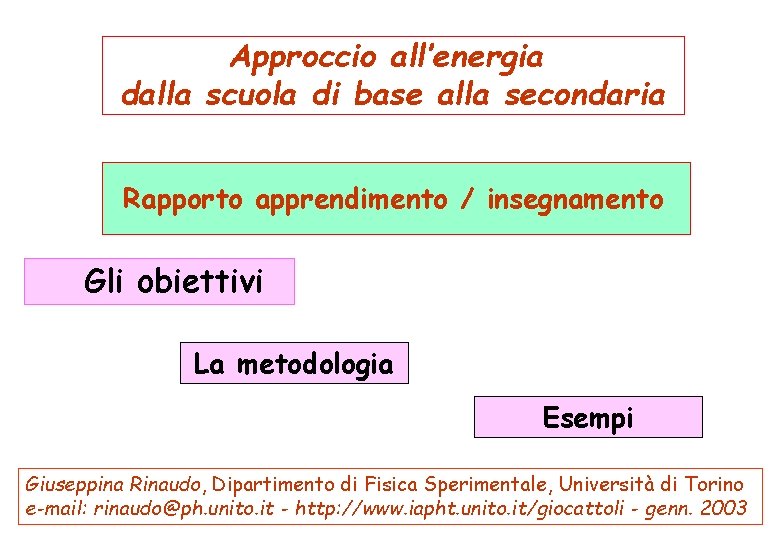 Approccio all’energia dalla scuola di base alla secondaria Rapporto apprendimento / insegnamento Gli obiettivi