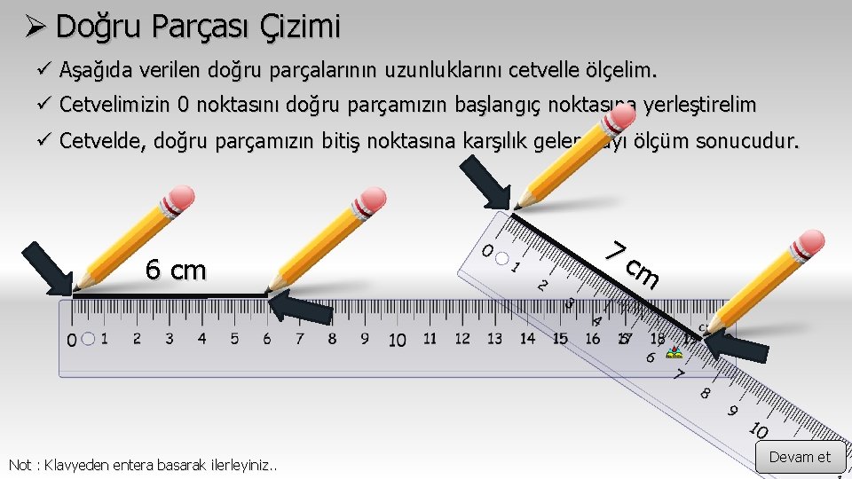 Ø Doğru Parçası Çizimi ü Aşağıda verilen doğru parçalarının uzunluklarını cetvelle ölçelim. ü Cetvelimizin