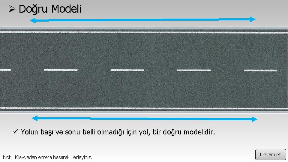 Ø Doğru Modeli ü Yolun başı ve sonu belli olmadığı için yol, bir doğru