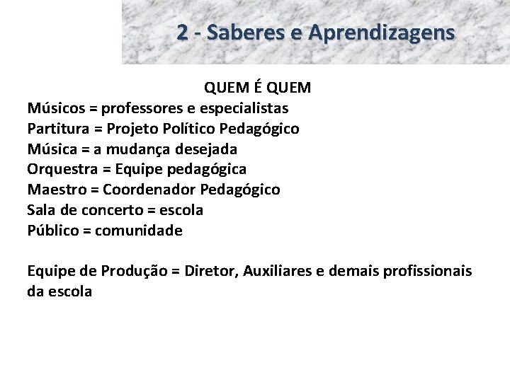 2 - Saberes e Aprendizagens QUEM É QUEM Músicos = professores e especialistas Partitura