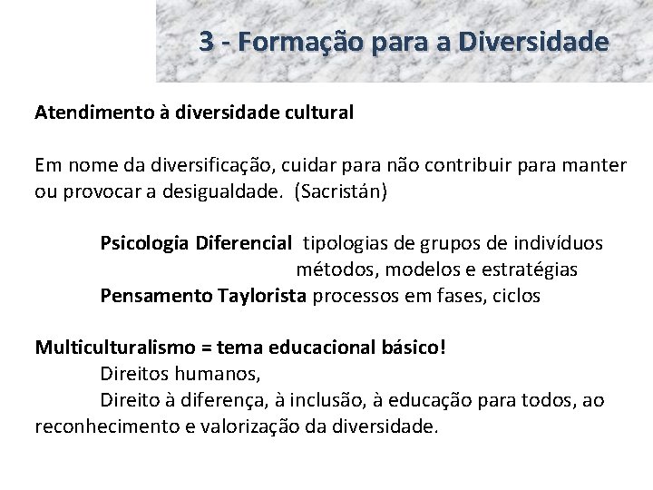 3 - Formação para a Diversidade Atendimento à diversidade cultural Em nome da diversificação,