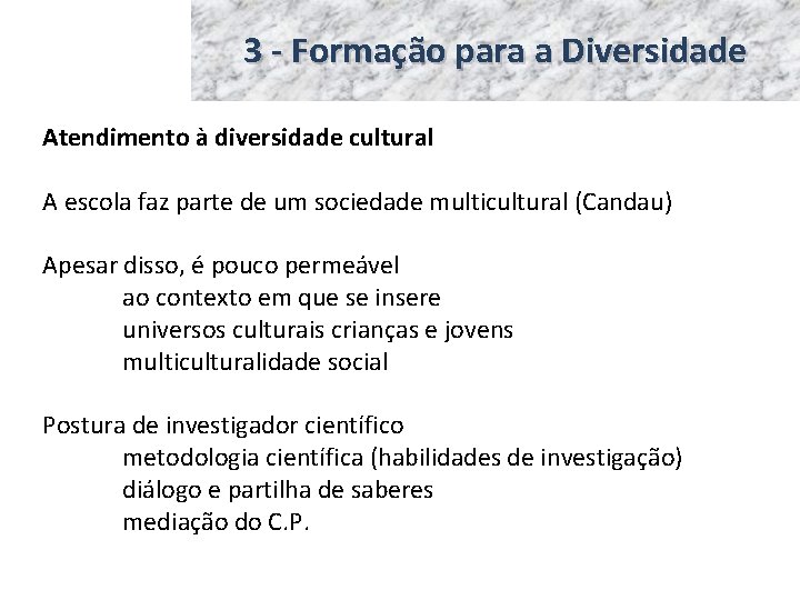 3 - Formação para a Diversidade Atendimento à diversidade cultural A escola faz parte