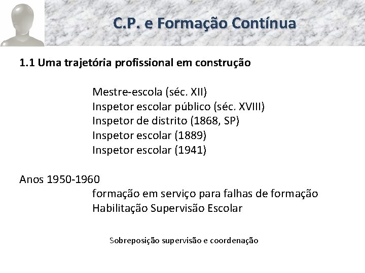 C. P. e Formação Contínua 1. 1 Uma trajetória profissional em construção Mestre-escola (séc.