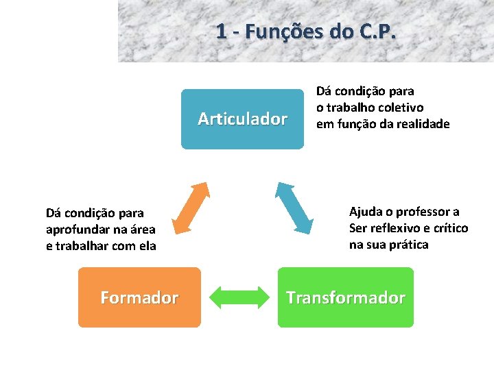 1 - Funções do C. P. Articulador Dá condição para aprofundar na área e