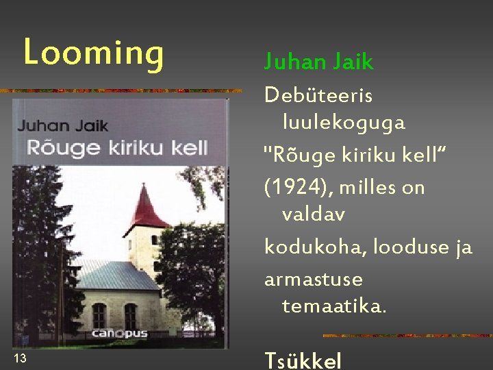 Looming Juhan Jaik Debüteeris luulekoguga "Rõuge kiriku kell“ (1924), milles on valdav kodukoha, looduse