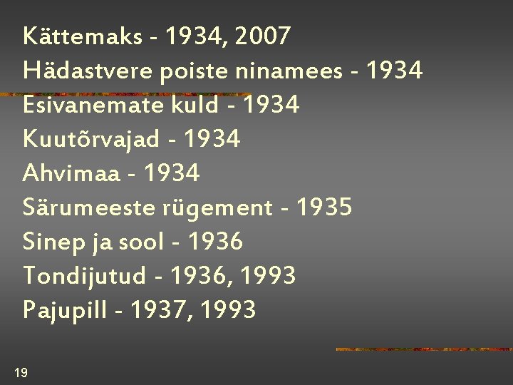 Kättemaks - 1934, 2007 Hädastvere poiste ninamees - 1934 Esivanemate kuld - 1934 Kuutõrvajad