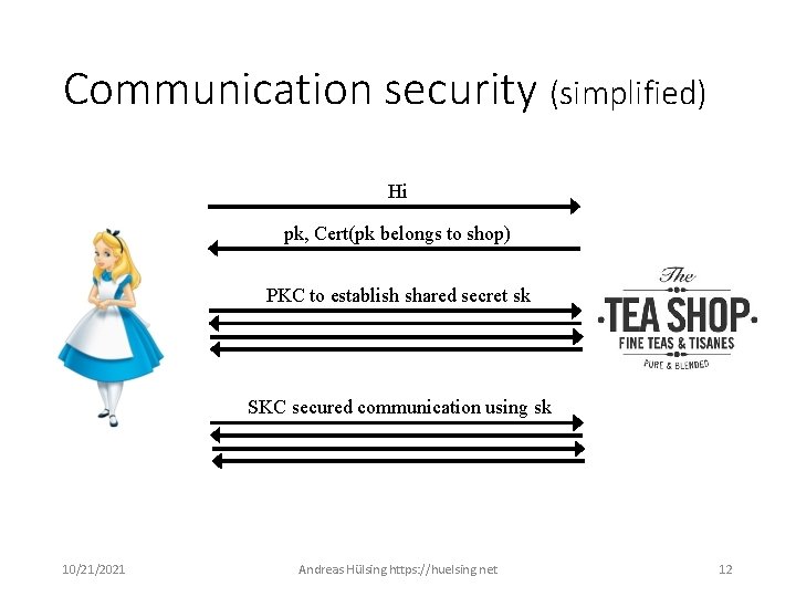 Communication security (simplified) Hi pk, Cert(pk belongs to shop) PKC to establish shared secret