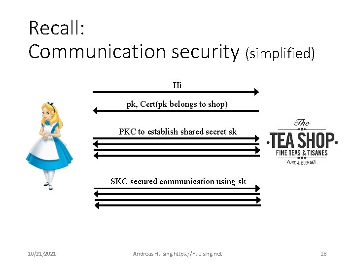 Recall: Communication security (simplified) Hi pk, Cert(pk belongs to shop) PKC to establish shared