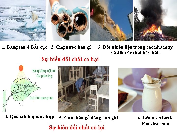 1. Băng tan ở Bắc cực 2. Ống nước han gỉ 3. Đốt nhiên