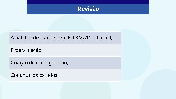 Revisão A habilidade trabalhada: EF 08 MA 11 – Parte I; Programação; Criação de