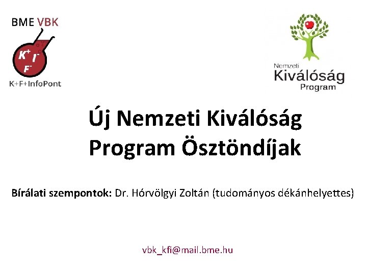 Új Nemzeti Kiválóság Program Ösztöndíjak Bírálati szempontok: Dr. Hórvölgyi Zoltán (tudományos dékánhelyettes) vbk_kfi@mail. bme.