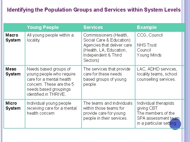 Identifying the Population Groups and Services within System Levels Macro System Young People Services