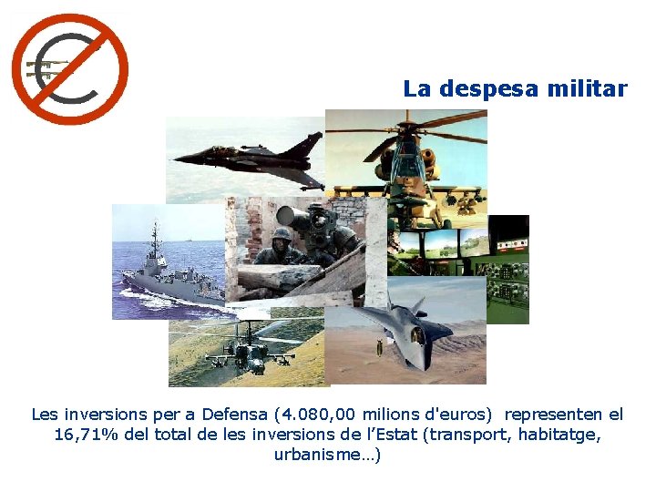 La despesa militar Les inversions per a Defensa (4. 080, 00 milions d'euros) representen