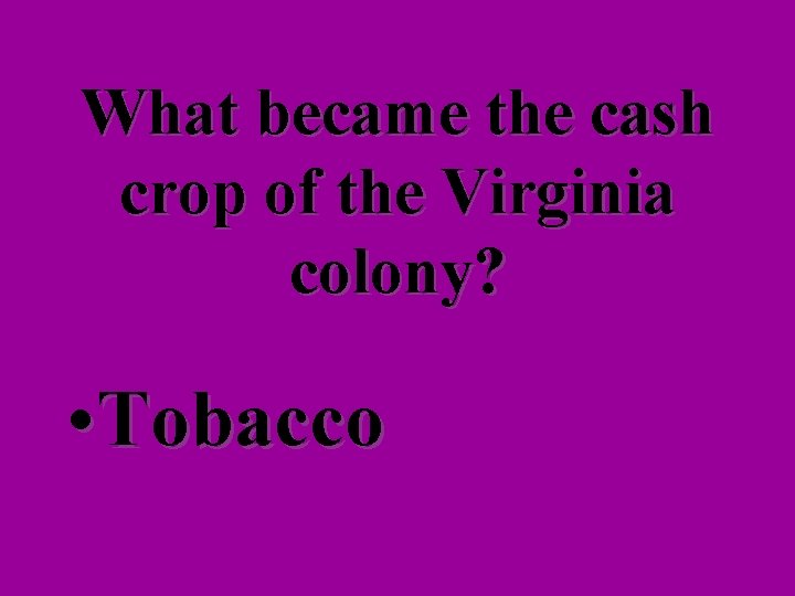 What became the cash crop of the Virginia colony? • Tobacco 