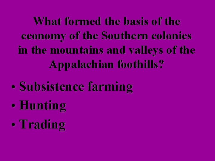 What formed the basis of the economy of the Southern colonies in the mountains