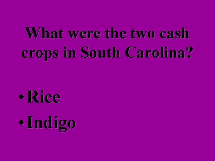 What were the two cash crops in South Carolina? • Rice • Indigo 