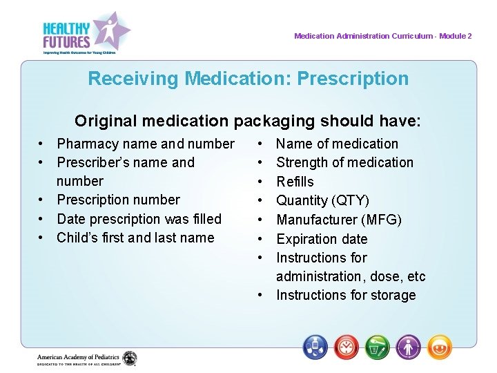 Medication Administration Curriculum - Module 2 Receiving Medication: Prescription Original medication packaging should have: