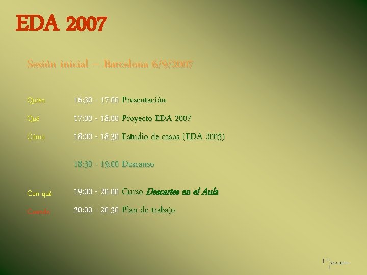 EDA 2007 Sesión inicial – Barcelona 6/9/2007 Quién Qué Cómo 16: 30 - 17: