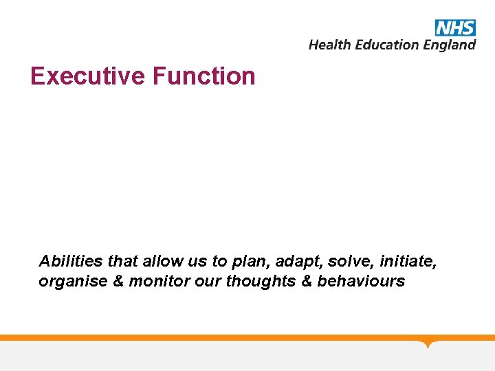 Executive Function Abilities that allow us to plan, adapt, solve, initiate, organise & monitor