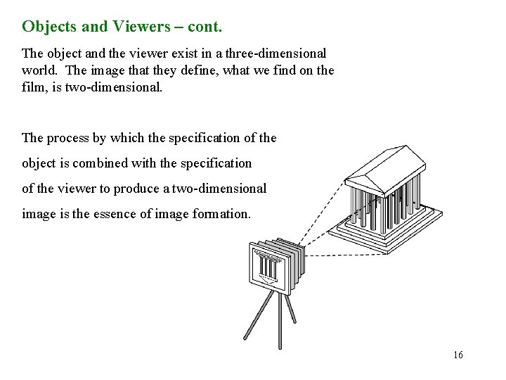 Objects and Viewers – cont. The object and the viewer exist in a three-dimensional