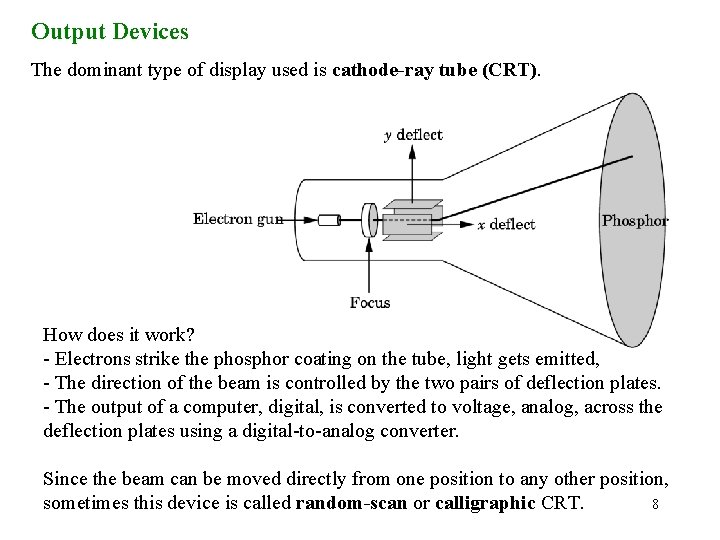 Output Devices The dominant type of display used is cathode-ray tube (CRT). How does