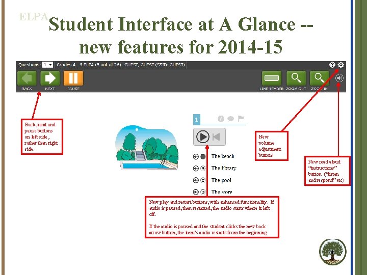 ELPA Student Interface at A Glance -new features for 2014 -15 Back, next and