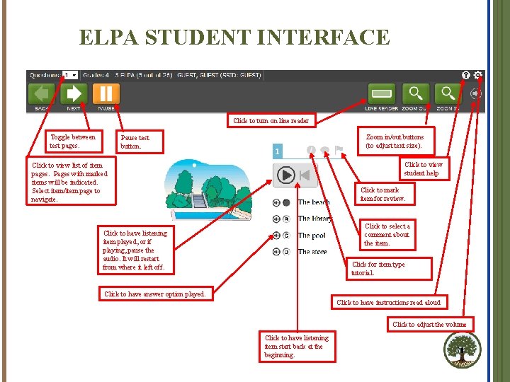 ELPA STUDENT INTERFACE Click to turn on line reader Toggle between test pages. Zoom