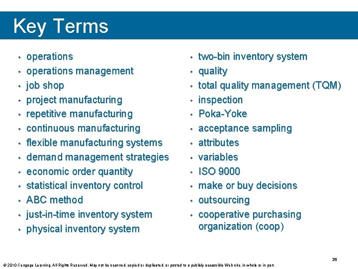 Key Terms • • • • operations management job shop project manufacturing repetitive manufacturing