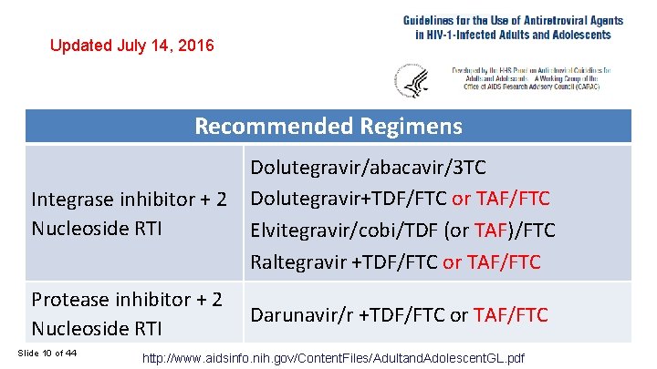 Updated July 14, 2016 Recommended Regimens Integrase inhibitor + 2 Nucleoside RTI Dolutegravir/abacavir/3 TC