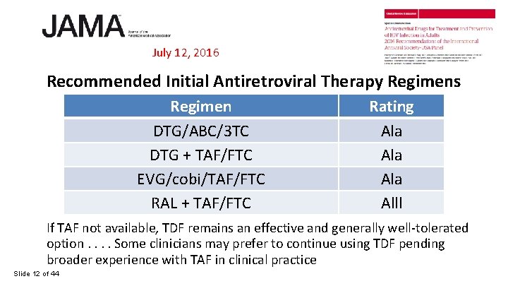 July 12, 2016 Recommended Initial Antiretroviral Therapy Regimens Regimen DTG/ABC/3 TC DTG + TAF/FTC