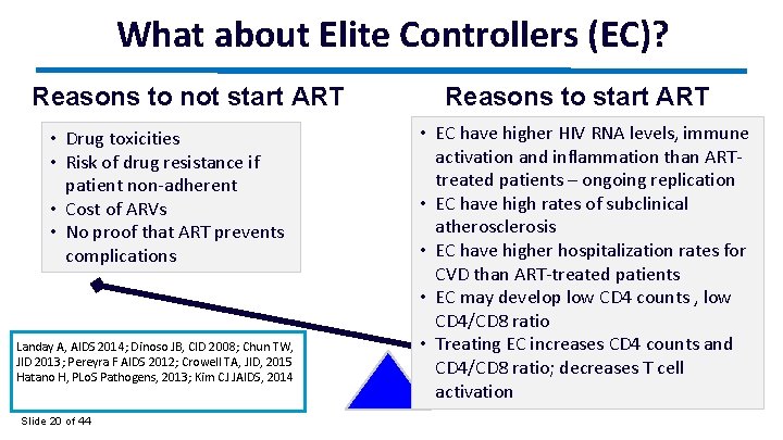 What about Elite Controllers (EC)? Reasons to not start ART • Drug toxicities •